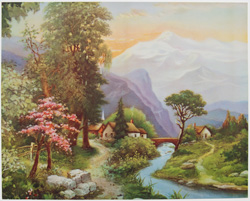vintage calendar art with cottages, cabins, etc. circa 1930s-1940s